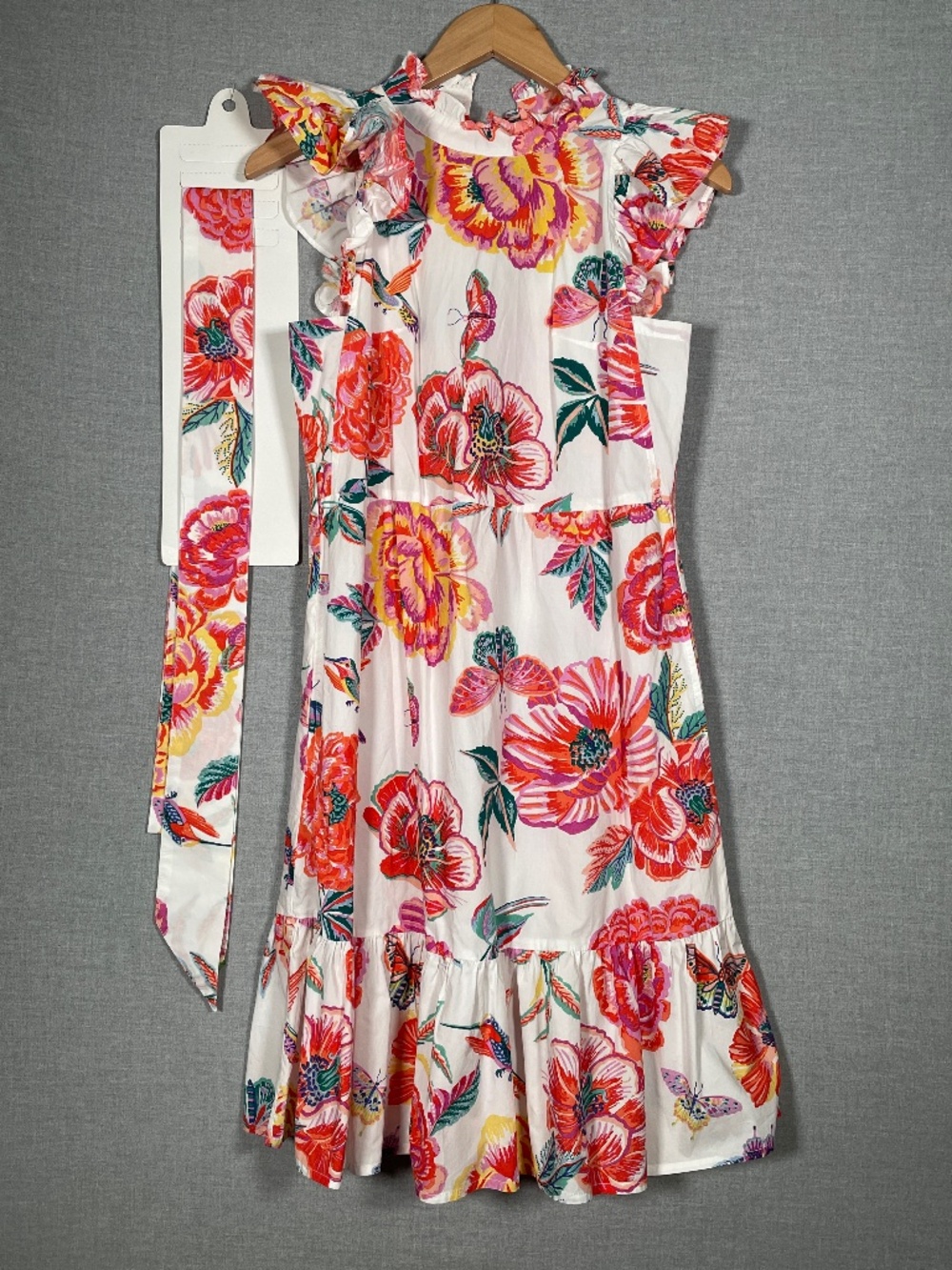 Banjanan White Floral & Butterfly Print Ruffle Dress with Matching Sash - Size 0